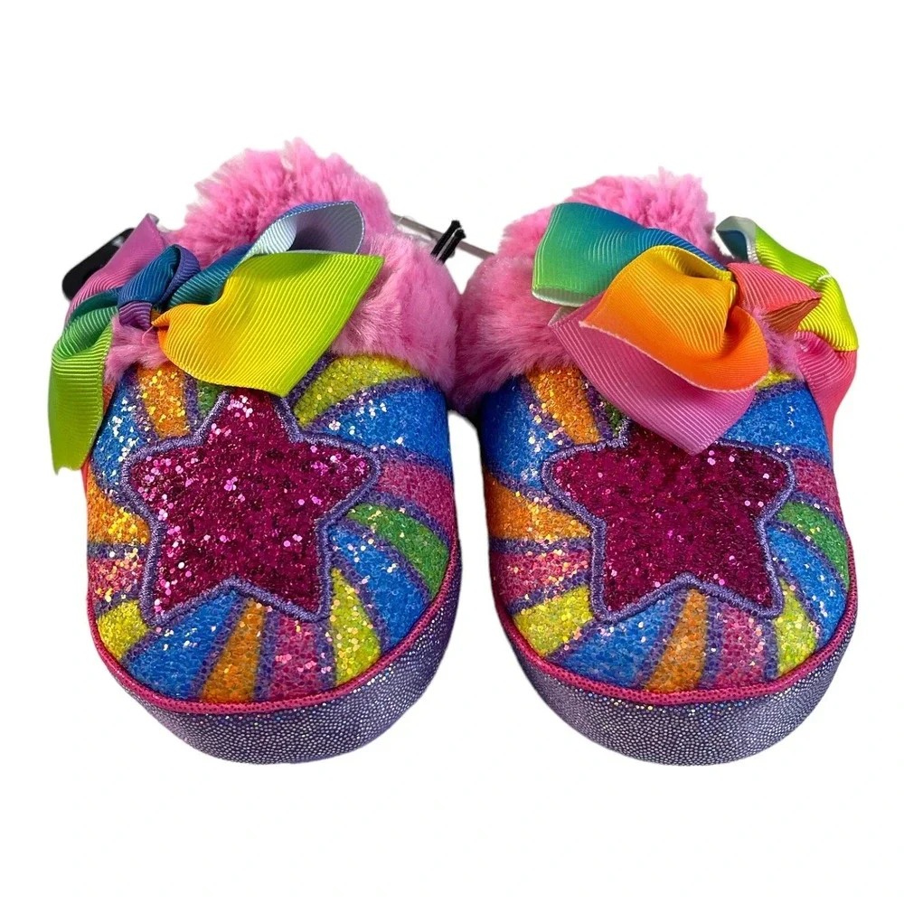JoJo Siwa Rainbow Star Glitter Slippers Toddler 7/8 Pink Multi New Faux Fur Bows